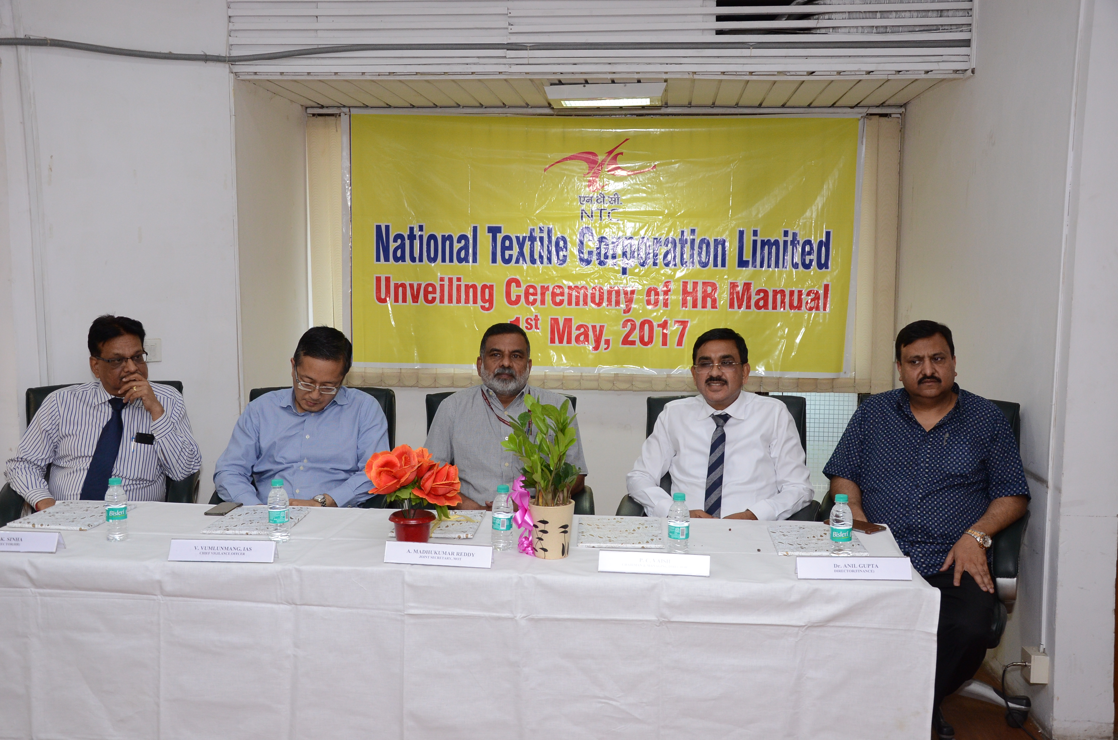 Honorable Shri A. Madhukumar Reddy, Joint Secretary, Ministry Of Textiles, Shri P. C. Vaish, Chairman and Managing Dierctor NTCL, Shri R. K. Sinha, Director(HR), Dr. Anil Gupta Director(Finance) and Shri V. Vumlunmang, CVO on the occasion of Unveiling Ceremony of HR Manual.